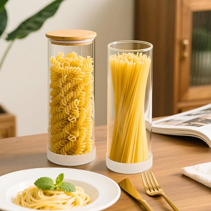 73oz Glass Spaghetti Containers for Pantry Organization, 3-Pack Large Airtight Food Jars with Bamboo Lids and Non-Slip Silicone Bases, Clear Storage Canisters for Pasta, Flour, Cereal, Rice