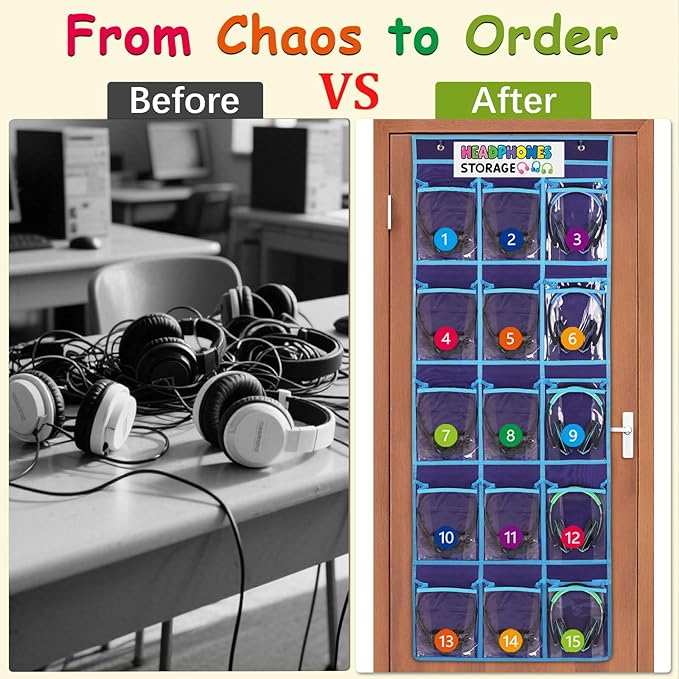 2 Pack Classroom Headphone Storage Organizer with 30 Pockets, PVC Clear Classroom Pocket Chart for Headphone Cell Phone Over-the-Door Hanging Headphone Holder Bag with 62 Labels(Blue)
