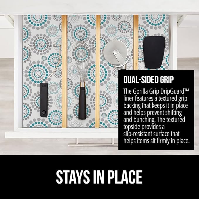 GORILLA GRIP DripGuard Shelf Liner, Non Adhesive Drawer and Kitchen Cabinet Protector, Slip Resistant BPA Free Smooth Surface Plastic Liners for Cabinets, Bathrooms, Closets, 17.5x240 Inch, Spiral
