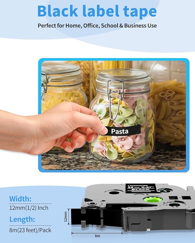 Colorty Black Label Maker Tape TZe-335 Compatible with Brother Label Maker Tape White on Black TZ TZe Tape 12mm 0.47 Laminated 1/2" TZe335 for PT-D220 Cube PT-P300bt P700bt 1180 1280 Refills, 6-Pack