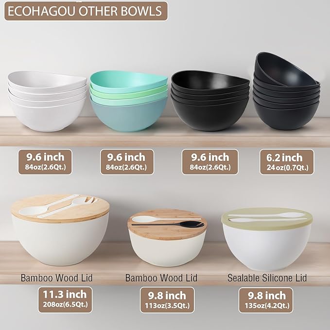 10” Bamboo Fiber Large Salad Serving Bowl Set with Wooden Lid & Servers, 3.5Qt Big Bowl with Utensils for Mixing Salad,Fruit,Pasta,Lightweight & Dishwasher Safe, Ideal Gift for Home - Matte White