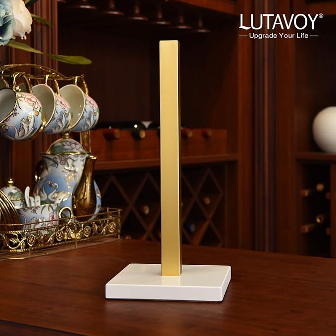 LUTAVOY Paper Towel Holder Kitchen Standing Paper Towel Roll Holder with Marble Base for Bathroom Kitchen Countertop(Gold,White Base KZ20)