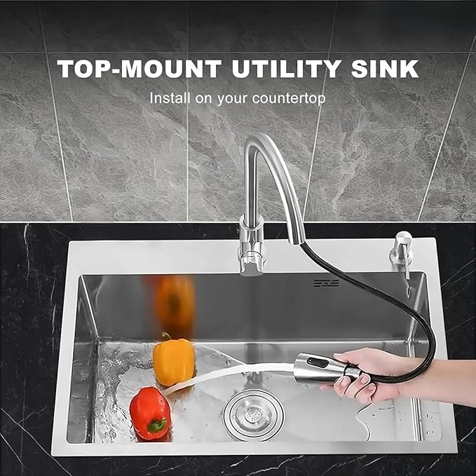 33x22 Inch Topmount or Drop In Kitchen Sink Worktation 16 Gauge Stainless Steel Single Bowl Kitchen Sink with Drainpipe, Silver
