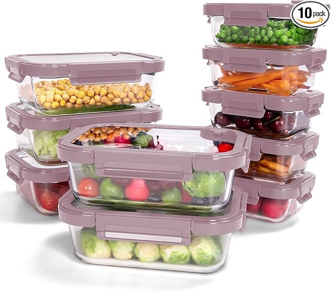 BOROHOUSE 10-Pack Glass Food Storage Containers with Tempered Lids – Borosilicate, Airtight, Oven-Safe (-4°F~950°F), BPA-Free, 4.4 & 1.6 Cup, Leak-Proof, Dishwasher Safe (Pink)