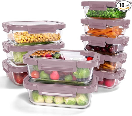BOROHOUSE 10-Pack Glass Food Storage Containers with Tempered Lids – Borosilicate, Airtight, Oven-Safe (-4°F~950°F), BPA-Free, 4.4 & 1.6 Cup, Leak-Proof, Dishwasher Safe (Pink)
