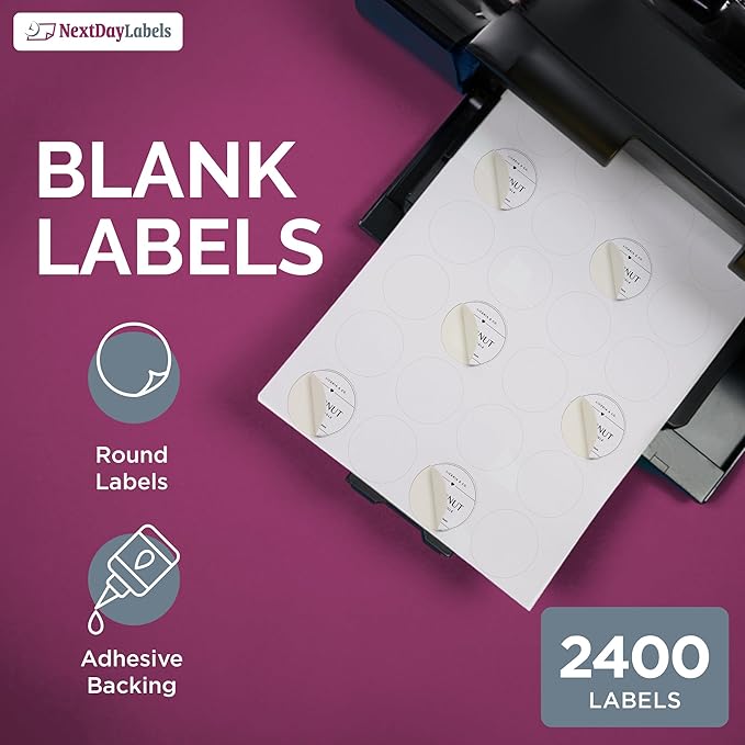 NextDayLabels – 1.66 Inch Round Labels - Round Sticker Labels for Printer - Matte White Blank Laser/Inkjet Printer Labels - Circle Stickers Printable Labels (100 Sheets, 24 Per Sheet, 2400 Labels)