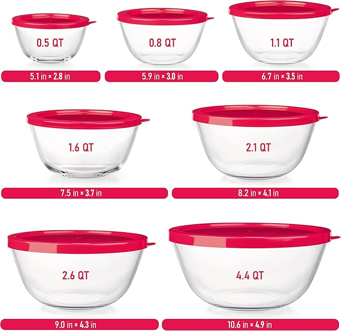 dokaworld 7 Stackable Space-Saving Nesting Glass Bowls with Pink Lids for Foodprep, Storage, Baking, Mixing & Cooking, Microwave Safe - Durable Inert Borosilicate Glass