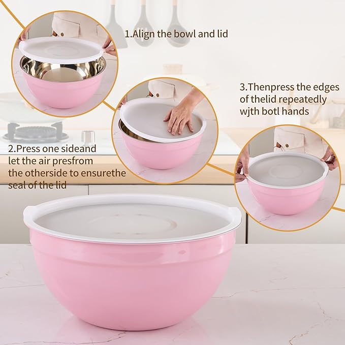 Moxinox Pink Mixing Bowls with Airtight Lids, Stainless Steel Nesting Mixing Bowls Set of 7, Ideal for Baking, Prepping and Serving Food, Size 7, 3.6, 2.7, 2.1, 1.5, 1.1,0.8 QT, Stackable Design