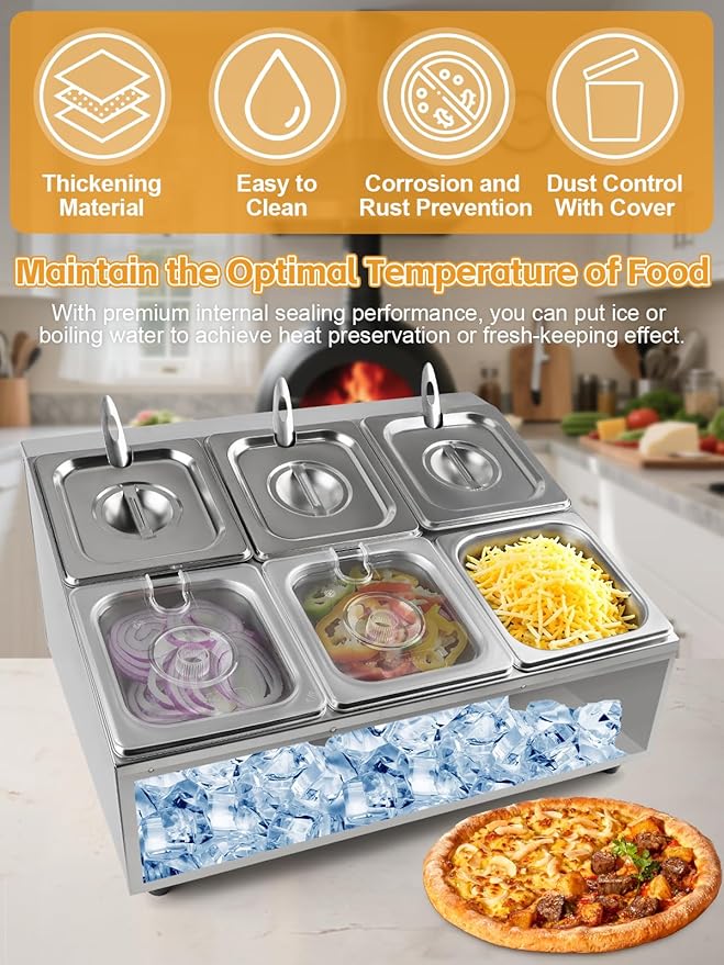 Lanstics Pizza Topping Station Pizza Storage Container Topping containers with Lids Spoon Condiment Organizers Buffet Containers Set for Restaurant Pizza Sauce Jam Fruit Ingredient (6 Pans)