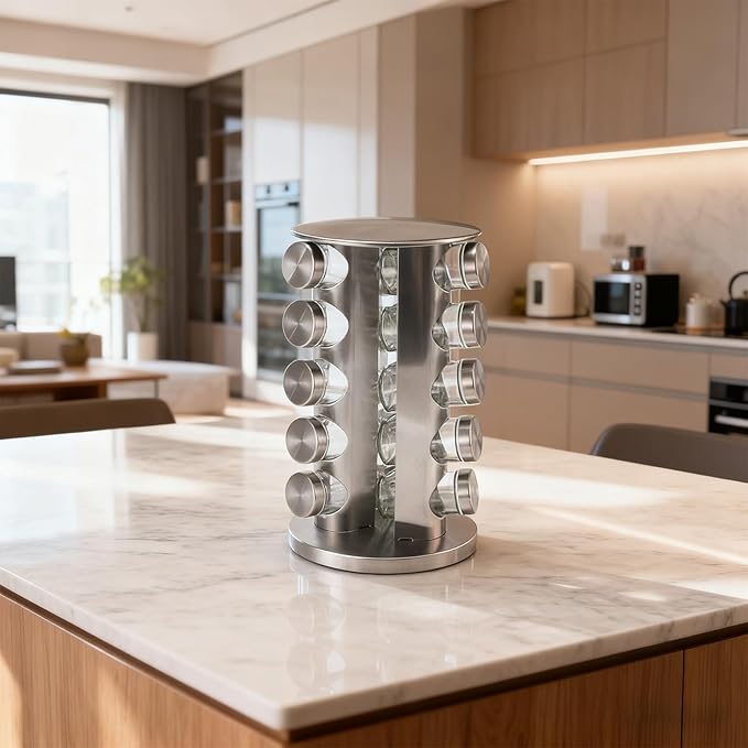 Wintline 20 Jar Revolving Spice Rack,Kitchen Spice Organization for Cabinet or Countertop,Seasoning Spice Organizer with Polished Stainless Steel&Black Caps