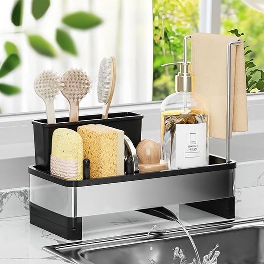 VUSIGN Sponge Holder for Kitchen Sink, Sink Caddy Organizer with Brush Holder, Rustproof Stainless, Self-Draining Sink Organizer for Countertop, Sponges, Brushes, Kitchen Decor and Accessories, Black