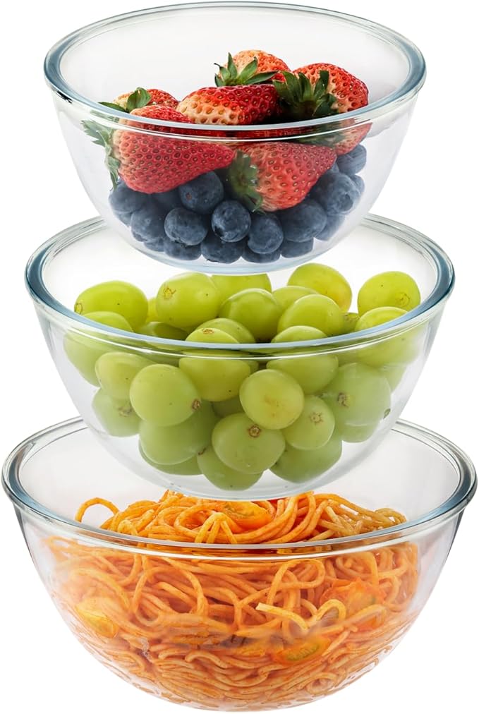 Cuiselect 3pc Glass Mixing Bowls Sets (1.64QT, 1.16QT, 0.85QT), Nesting Mixing Bowls for Cooking Prep, Baking, Storage, Large Salad Bowls Sets-Dishwasher Microwave Freezer Safe