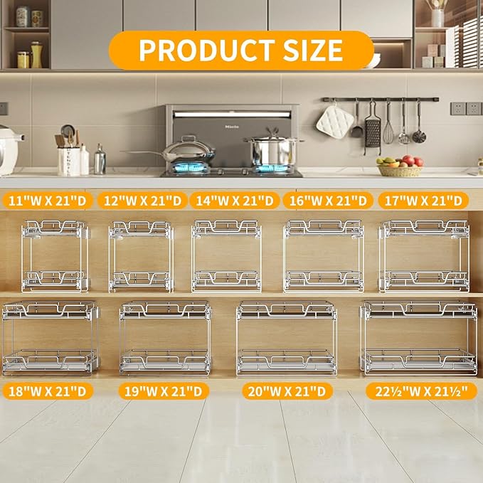 QUYUWU 2-Tier Kitchen Cabinet Pull Out Shelf and Drawer Organizer Slide Out Pantry Storaqe Basket in Multiple Sizes (16" W x 21" D)