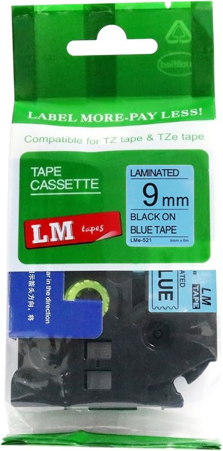 1/Pack LM Tapes - LMe521 Premium 3/8" Black Print on Blue Label Compatible with P-Touch TZe-521 Tape and Includes Tape Color/Size Guide. Replaces TZ-521 9mm 0.35 Laminated.