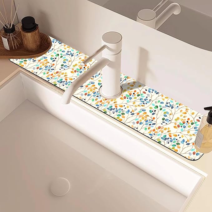 Abstract Watercolor Leaves Sink Faucet Absorbing Mat Sink Splash Guard Faucet Mat Draining Mat Fast Drying Sink Protectors for Kitchen and Bathroom 5.5"×24"