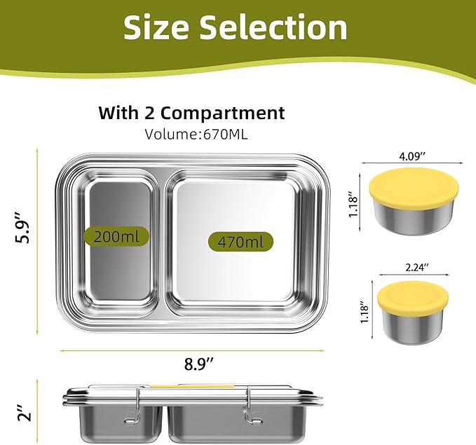 Stainless Steel Bento Box for Adults, 22.6 oz Leakproof 2-Compartments Stainless Steel Bento Containers, Metal Lunch Box with 2 Container, Dishwasher Safe, Design for Office,Outdoor, BPA-Free Yellow