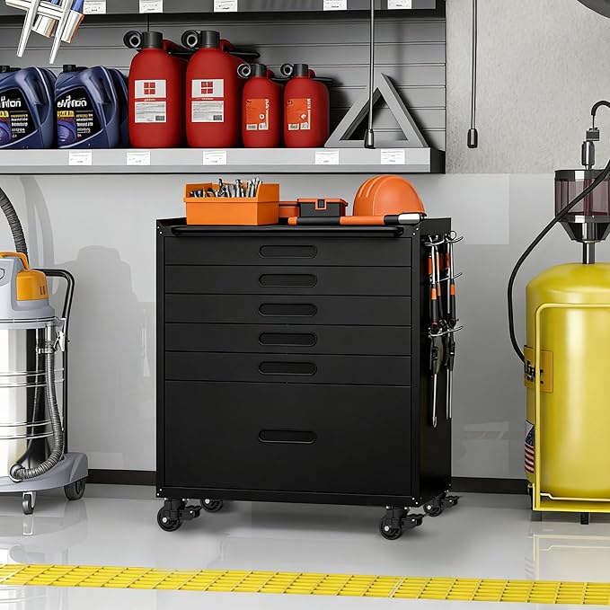 BIZOEIRON Metal Garage Storage Cabinet with Wheels, Rolling Tool Cabinet with 6 Drawers, Heavy Duty Tool Cabinet with Workbench, Assembly Required, Black