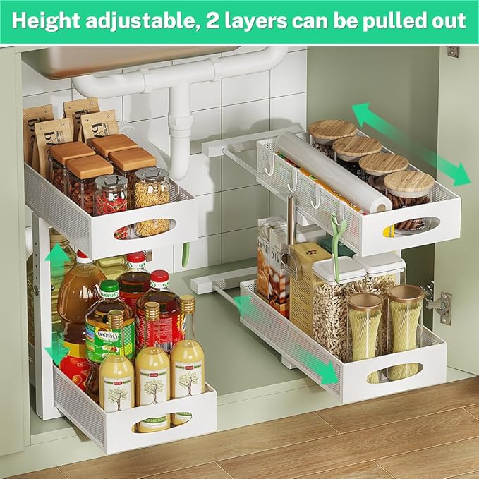 WROBTLD Under Sink Organizer, 2-Tier Pull Out Cabinet Organizer with Adjustable Height, Use in Kitchen Bathroom Cabinet and Countertop Storage, White