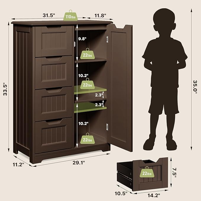 Gizoon Small Pantry Storage Cabinet with Door and Shelves, 33'' Pantry Cabinet Freestanding Wooden Bathroom Storage Cabinet with 4 Drawers for Kitchen and Dining Room, Dark Brown