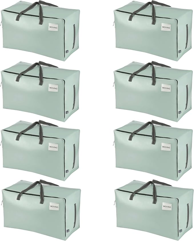 VENO 8 Pack Moving Bags and Large Christmas Decoration Storage Bins with lids. Alternative to Moving Boxes, Packing Supplies for College. Heavy Duty Totes (Shiny Light Green, 8 Pack)