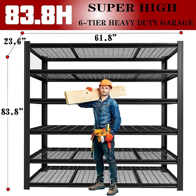 Extra Large 84" Hx 62.12" Widex 24" D Adjustable Industrial Metal/Steel 6-Shelf-Storage-Rack Heavy Duty Utility Tall Garage/Warehouse Shelving Shelves Unit/System for Bin/Shed, Black