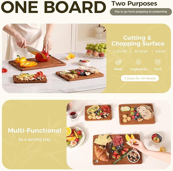Bamboo Cutting Board for Kitchen Meal Prep & Serving, 3-Piece Wooden Set with Juice Grooves, Side Handles, Non-Slip Mats – Ideal for Meat, Veggies, Fruit – Ideal Gift for the Home