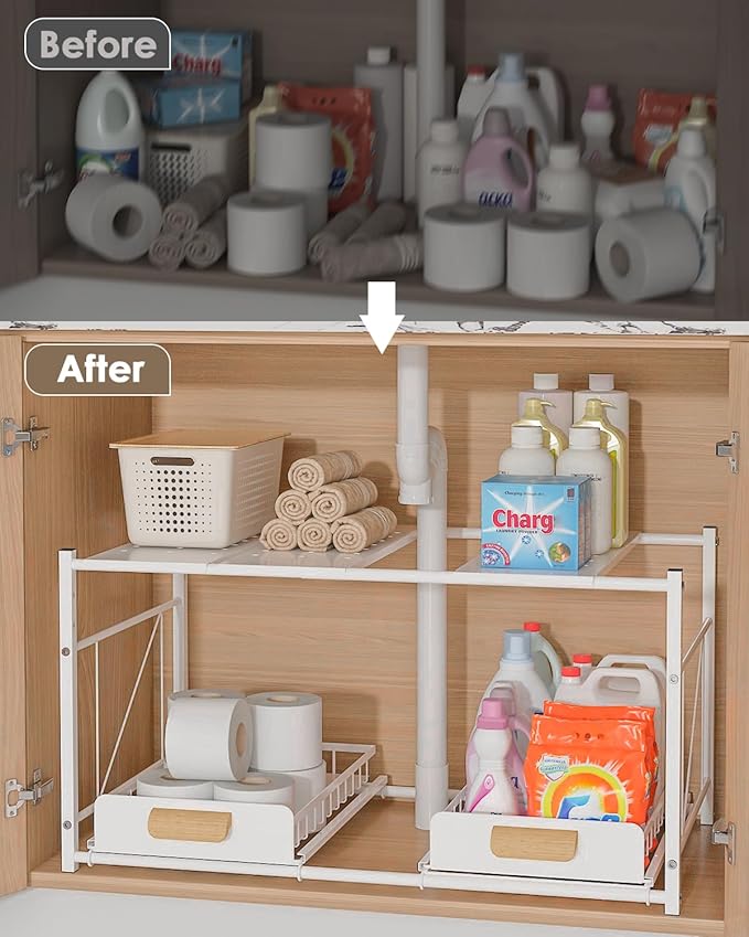 REALINN Extendable Under Sink Organizer, 2 Tier Expandable Under Cabinet Organizer Shelf with Height Adjustable, Retractable Cabinet Storage, White