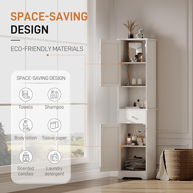 Viaozutis Tall Bathroom Cabinet, Storage Cabinet with 2 Doors & 2Drawer, with Ajustable Shelve, for Bathrooms, Kitchens,Entrances,Bedrooms（White）
