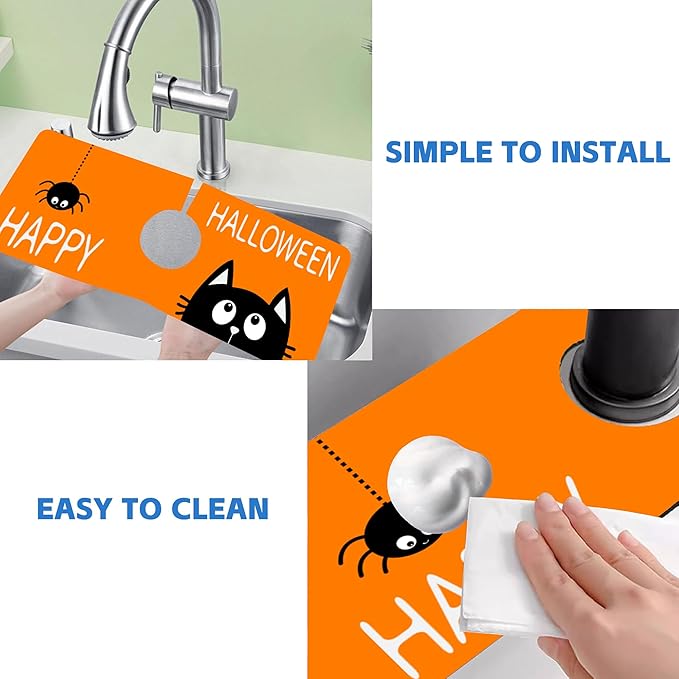 Halloween Cute Black Cat Kitchen Sink Splash Guard Mat Absorbent Fast Drying Mat Faucet Draining Mat Sink Splash Guard Behind Faucet Drip Catcher for Kitchen Bathroom 5.5"×15"