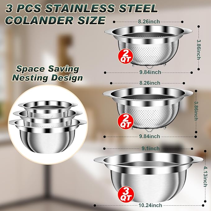 Stainless Steel Colanders with Mixing Bowl - 2.0QT & 2.0QT Strainer and Colander with Handle, 3.0QT Nesting Kitchen Bowl with Colander For Pasta, Vegetables, Fruit, Rice