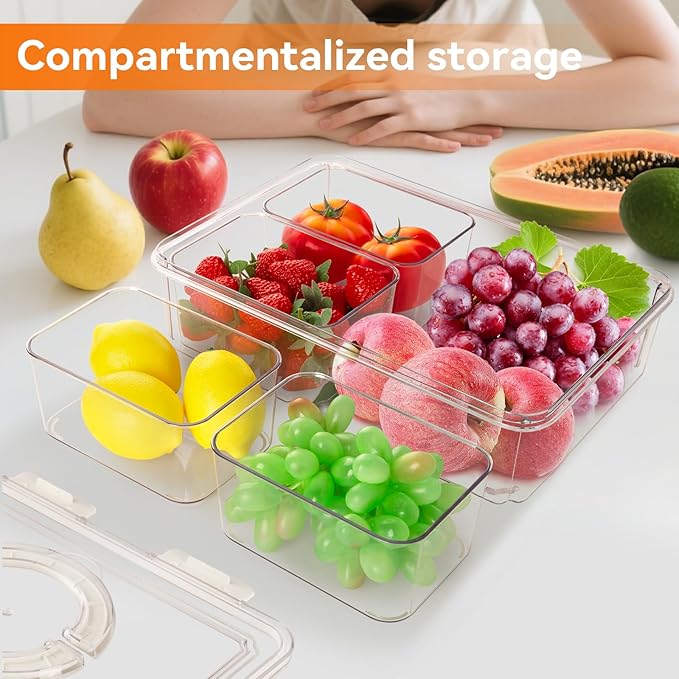 2PCS Divided Serving Tray with Lid & Handle, 4 Compartment Removable Snack Box, Kitchen Organizers and Storage, Snackle Box Container, BPA-Free Fruit Storage Container for Berry, Snack, Candy, Nuts…
