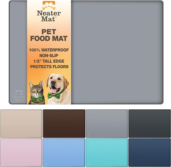 Neater Pet Brands Neater Mat Pet Mats for Food and Water, Cat & Dog Bowl Mat Waterproof Silicone, Feeding Tray, Dog Food Mats for Floors, Placemat w/Raised Edge for Under Bowls, 24" x 16", Grey