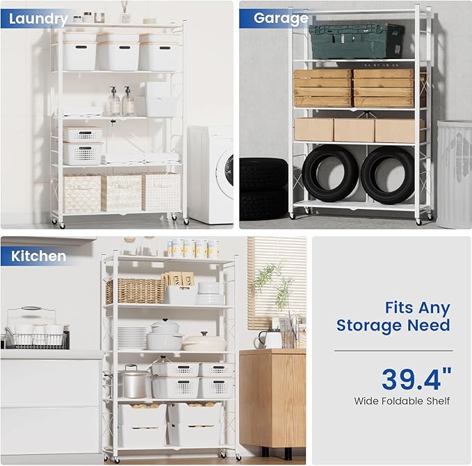 ALANNG 40" W Foldable 5-Tier Storage Shelves with Wheels, Adjustable & Removable Metal Rack, Heavy Duty Rolling Organizer for Kitchen, Garage, Closet, Pantry, and Office (White,2 Pack)