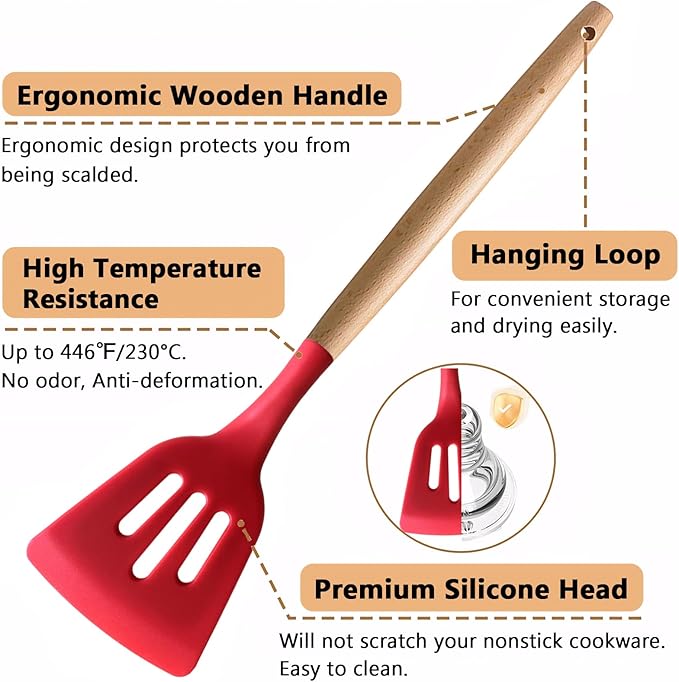 IOCBYHZ Silicone Cooking Utensils Set 5Pcs Non-Stick Silicone Kitchen Utensils for Cooking, Heat Resistant Kitchen Gadgets Spatula Spoon Turner Set with Wooden Handles for Non-Stick Cookware BPA Free
