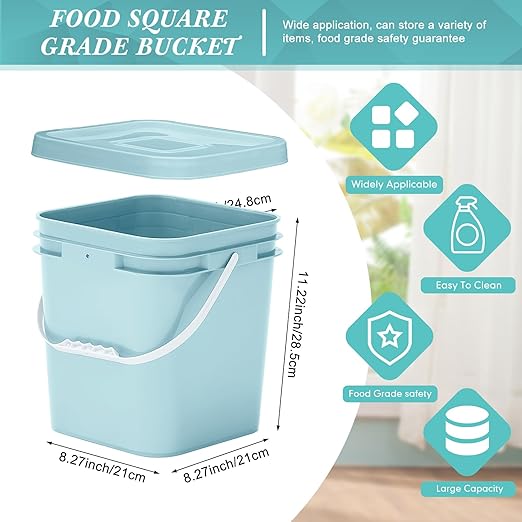 Mumufy 3 Pcs 3.5 Gallon Square Food Grade Bucket with Lid Square Bucket Pail with Plastic Handles for Storing Dry Food, Charcoal, Camping, Fishing (Aqua)