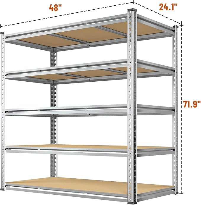 Galvanized Garage Shelving Load 3100LBS, 5-Tier Storage Shelves, Adjustable Garage Storage Shelves, Industrial Shelving, Metal Shelf for Basement, Warehouse, Kitchen, 48" W x 71.9" H x 24.1" D