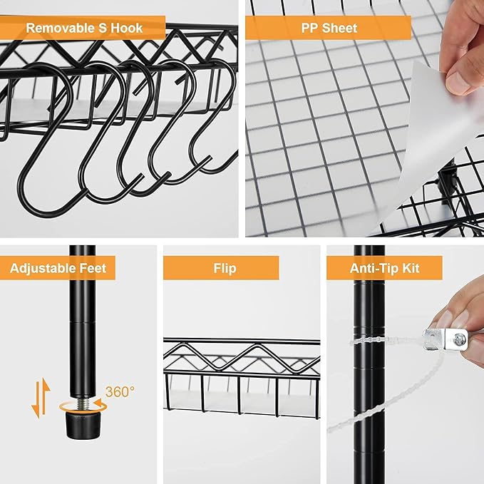 Storage Shelves, 5-Tier Wire Shelving Unit with Baskets Storage Rack Corner Shelf Shelving Adjustable Storage Shelf, 11.8" D x 15.7" W x 63" H, Black