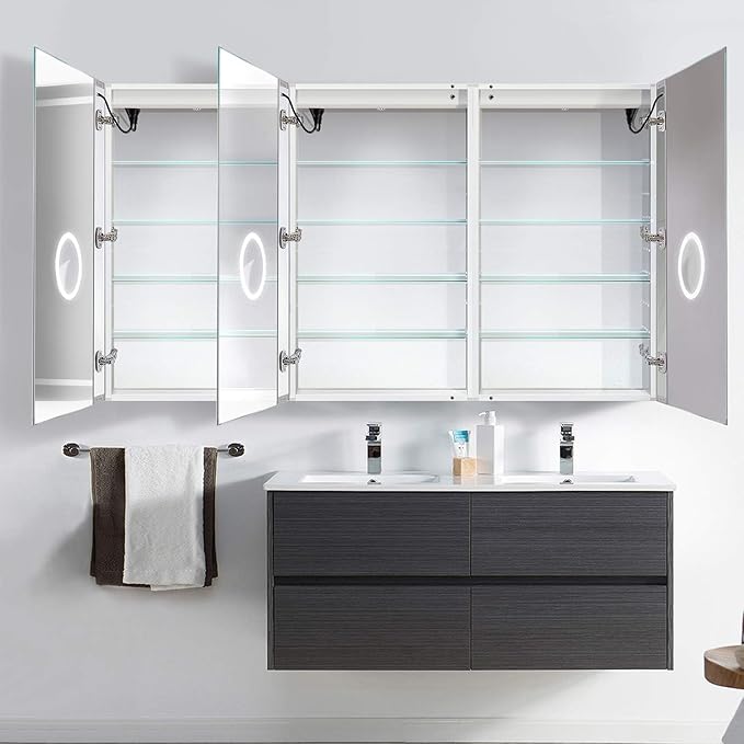 Krugg LED Medicine Cabinet 72 Inch X 42 Inch | Recessed or Surface Mount Mirror Cabinet w/Dimmer & Defogger + 3X Makeup Mirror Inside & Outlet + USB(Left Left Right)