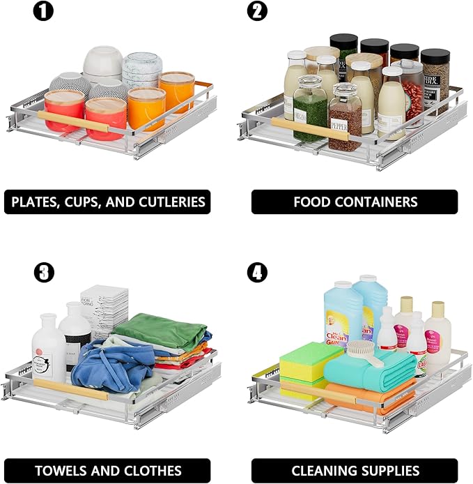 Pull Out Cabinet Organizers,Expandable Slide Out Storage Shelves,D:17.1” x W:12”-18.3” Stainless Steel Storage Drawers,3 Packs of Heavy Duty Gliding Cupboard Shelves for Home Kitchen Pantry Cupboard