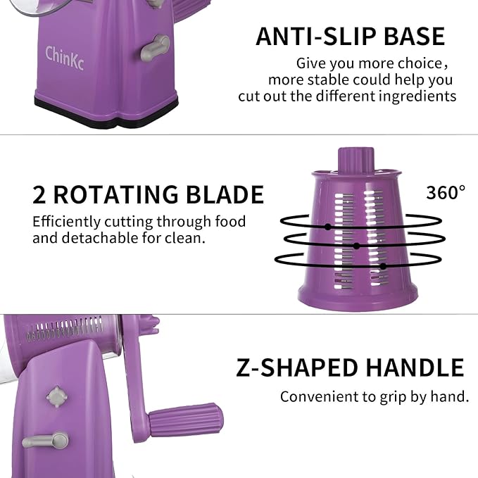 ChinKc Upgrade Rotary Cheese Grater Shredder with Handle, Strong Suction Base, Multi-purpose Rotary Grater Slicer with 5 Interchangeable Blades for Ice, Vegetables, Fruit, Nuts with Blade Storage Box