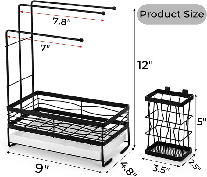 Kitchen Sink Caddy with 3 Dishcloth Drying Racks, Sponge Holder Rag Stand with Drain Pan, Metal Sink Storage Organizer with Removal Basket for Brush, Towel, Scrubber, Dish Rag, Black