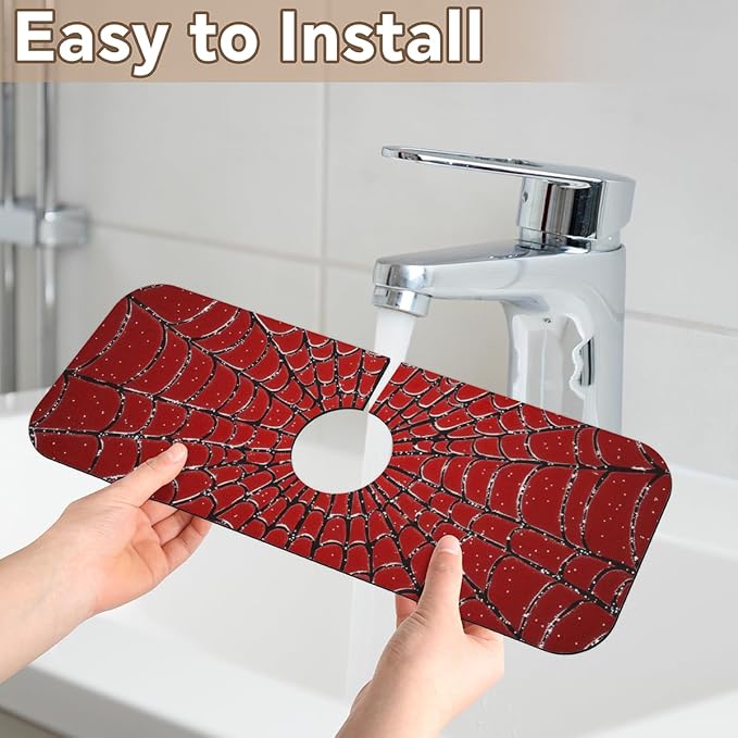 1 PC 15.4*5.7 Inch Absorbent Faucet Mat for Kitchen Sink Splash Guard Fast Drying Kitchen Faucet Mat for Bathroom Kitchen Spider Web