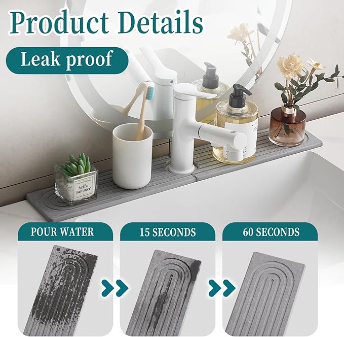 Stone Faucet Mat for Kitchen Sink Bathroom Counter, 23.6 Inch Light Grey Diatomite Water-Absorbing Drying Stone Mat, Sink Stone Tray Protector,Prevent Moisture Sink Splash Guard