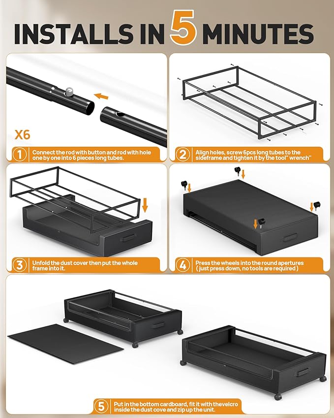 Underbed Storage with Wheels, Square Under Bed Storage Containers, 60L Under The Bed Storage, Rolling Under The Bed Storage Metal Drawer for Clothes, Blankets, Shoes...