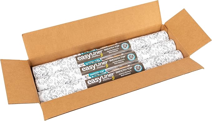 Smooth Top EasyLiner for Cabinets & Drawers - Easy to Install & Cut to Fit - Shelf Paper & Drawer Liner Non Adhesive - Non Slip Shelf Liner - 20in. x 6ft. - 6 Roll Project Pack - Gray Damask