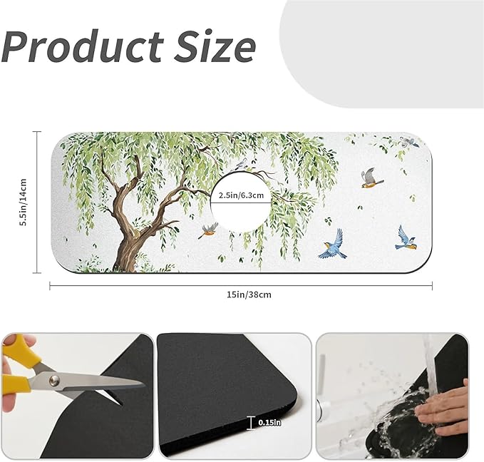 Kitchen Sink Splash Guard，willow tree Faucet Mat Sink Gadgets-Super Absorbent Fast Drying Mat Drip Catcher for Kitchen, Bathroom,Sink Mat, Dish Drying Mat, Bathroom(15" X 5.5" )