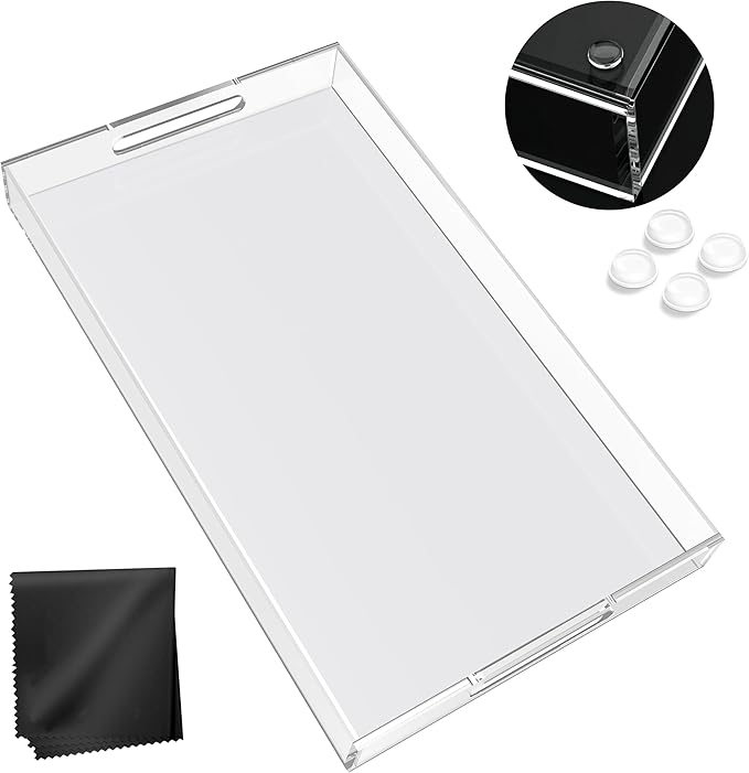 Acrylic Tray 20x12 with Cut Handles - Spill Proof Decorative Tray is an Ideal Countertop Organizer for Living Rooms, Ottoman Coffee Tables, Offices, Kitchens & Serving Guests