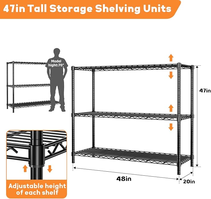 Storage Shelves Heavy Duty, 48" W x 20" D x 47" H Garage Wire Shelving Unit Loads 1200LBS, 3-Tier Adjustable Metal Industrial Utility Shelf Rack for Kitchen, Laundry Room, Pantry, Warehouse, Basement