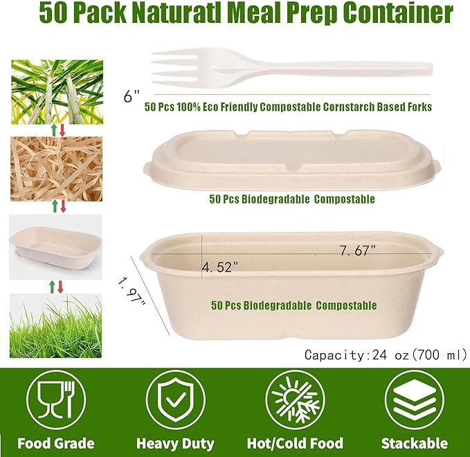 SharpRealm 24oz Disposable Meal Prep Food Containers with Lids and Forks, 50 Pack Sugarcane Fiber Pulp Paper Take-Out Boxes, Microwave and Freezer Safe for Lunch, Salads, Home or Restaurant Use