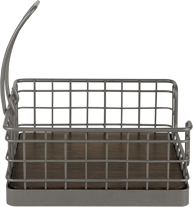 Spectrum Madison Farmhouse Weighted Napkin Holder with Tension Arm for Kitchen Countertop & Dining Room Table Decor, Rustic Style Sturdy Steel Wood and Metal Napkin Dispenser, Industrial Gray